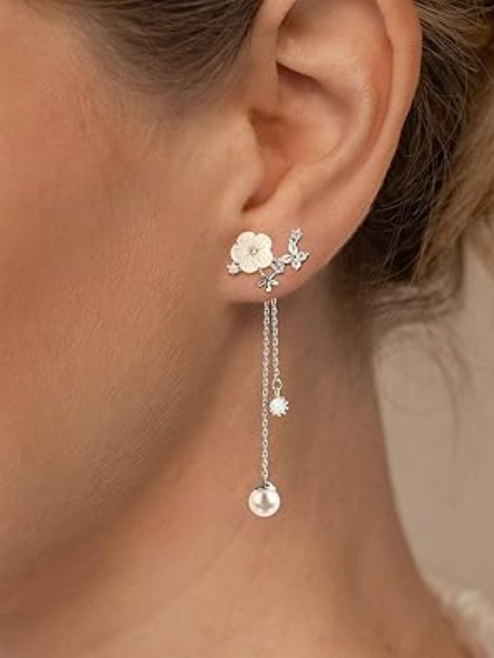 Dangle Pearl Drop Earrings Dainty Flowers Wear 2 ways Wedding Church Prom Silver